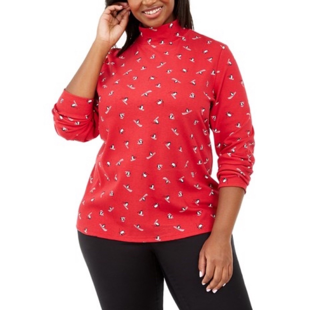 Karen Scott Red Skiing Penguins Printed Cotton Mock-Neck Top